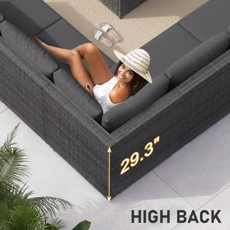 FINCATI Outdoor 7-piece High-back Wicker Patio Sectional Set with 43  Fire Pit Table, 500 lbs Luxury Oversized Conversation Set