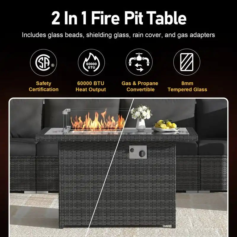 FINCATI Outdoor 7-piece High-back Wicker Patio Sectional Set with 43  Fire Pit Table, 500 lbs Luxury Oversized Conversation Set