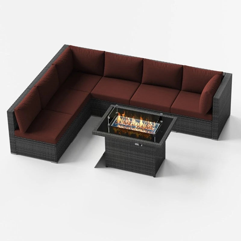 FINCATI Outdoor 7-piece High-back Wicker Patio Sectional Set with 43  Fire Pit Table, 500 lbs Luxury Oversized Conversation Set