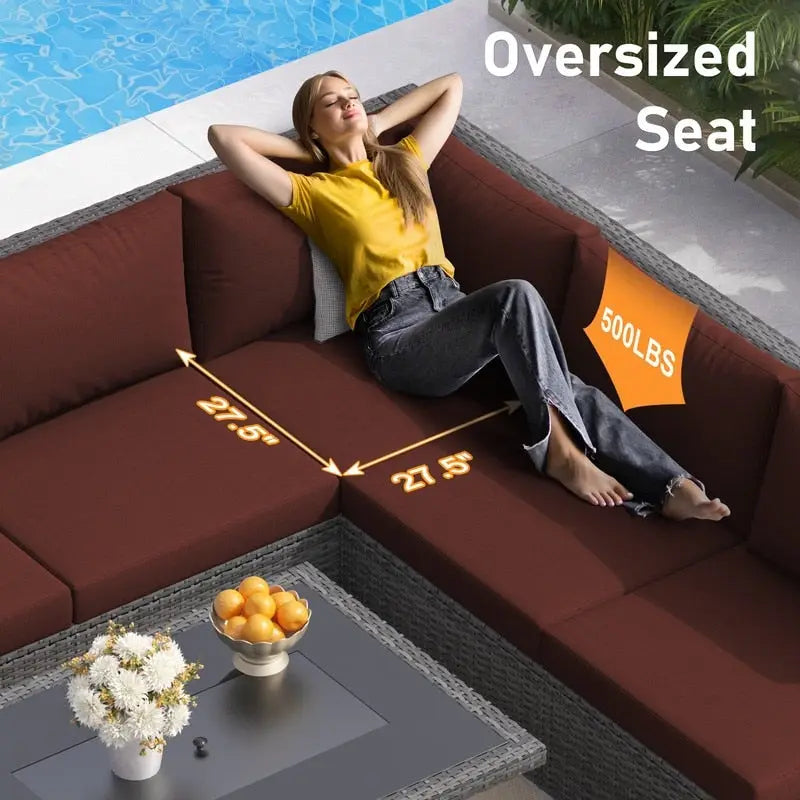 FINCATI Outdoor 7-piece High-back Wicker Patio Sectional Set with 43  Fire Pit Table, 500 lbs Luxury Oversized Conversation Set