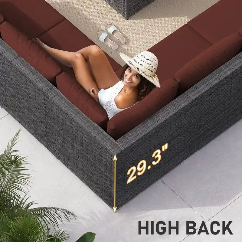 FINCATI Outdoor 7-piece High-back Wicker Patio Sectional Set with 43  Fire Pit Table, 500 lbs Luxury Oversized Conversation Set