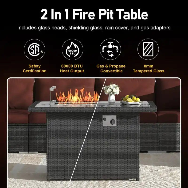 FINCATI Outdoor 7-piece High-back Wicker Patio Sectional Set with 43  Fire Pit Table, 500 lbs Luxury Oversized Conversation Set