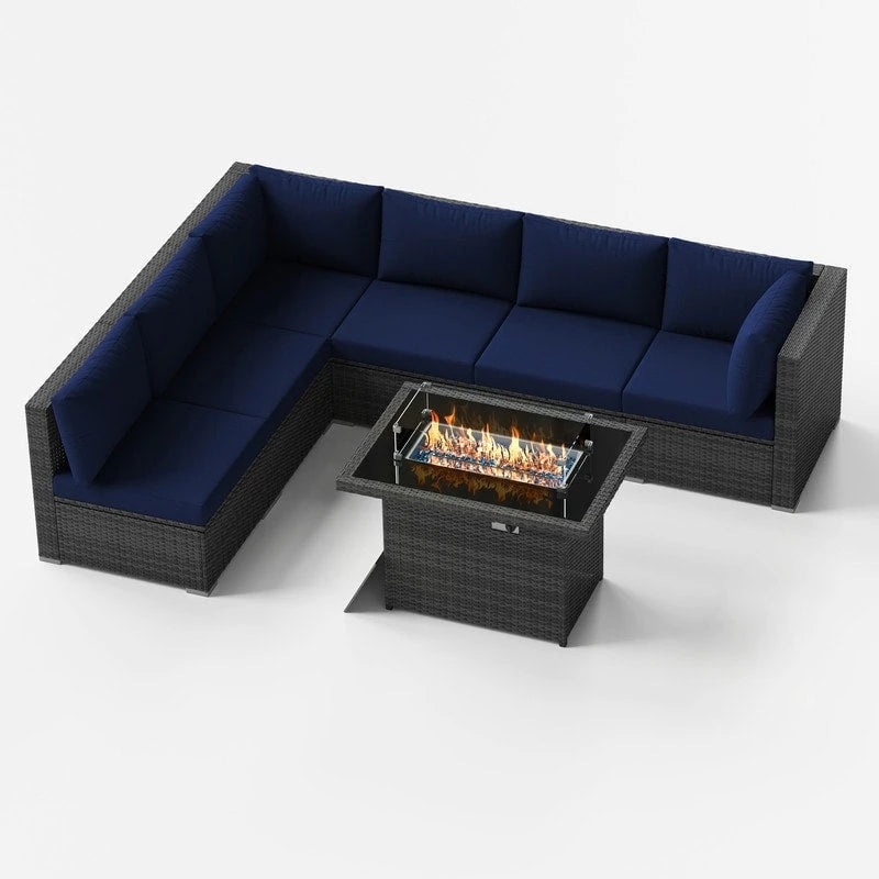FINCATI Outdoor 7-piece High-back Wicker Patio Sectional Set with 43  Fire Pit Table, 500 lbs Luxury Oversized Conversation Set