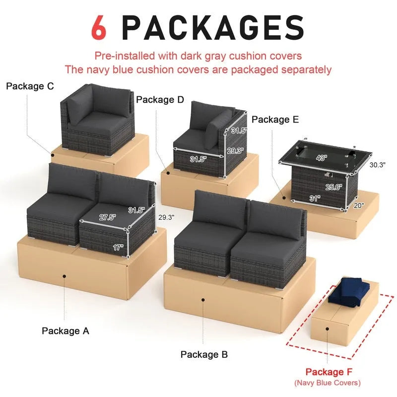FINCATI Outdoor 7-piece High-back Wicker Patio Sectional Set with 43  Fire Pit Table, 500 lbs Luxury Oversized Conversation Set