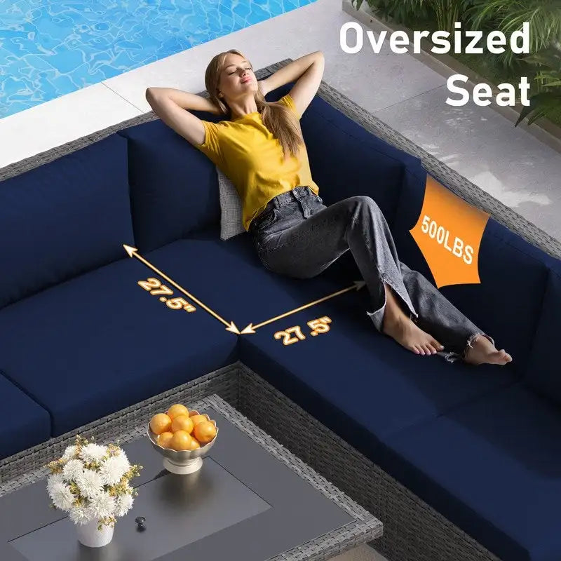 FINCATI Outdoor 7-piece High-back Wicker Patio Sectional Set with 43  Fire Pit Table, 500 lbs Luxury Oversized Conversation Set