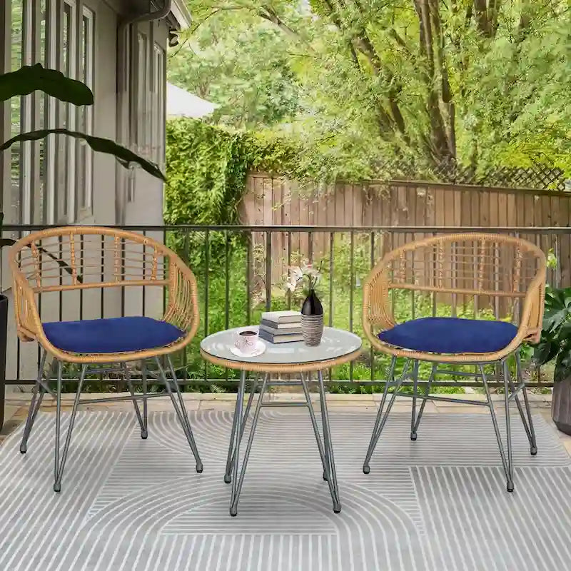 3 piece Outdoor patio Bistro SetPatio Chairs and Glass Top Table Set with CushionsRattan Conversation Set