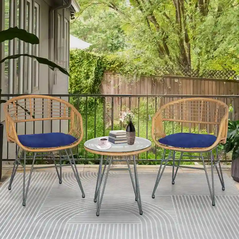 3 piece Outdoor patio Bistro SetPatio Chairs and Glass Top Table Set with CushionsRattan Conversation Set