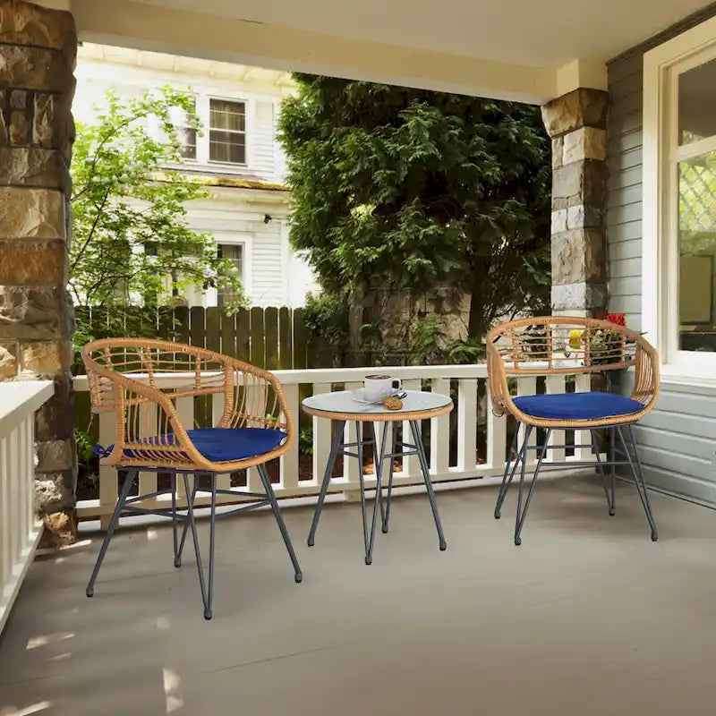 3 piece Outdoor patio Bistro SetPatio Chairs and Glass Top Table Set with CushionsRattan Conversation Set