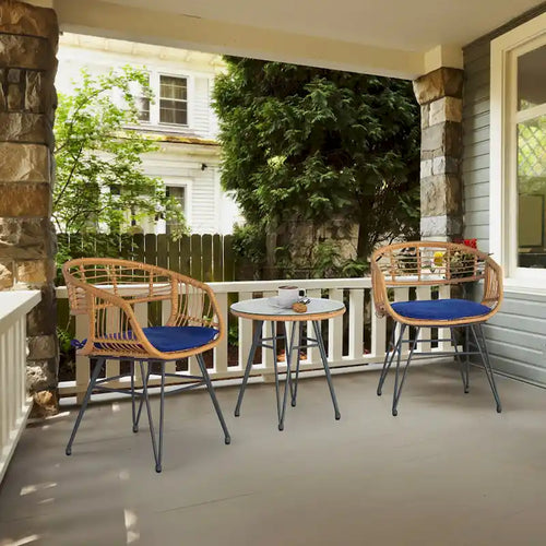 3 piece Outdoor patio Bistro SetPatio Chairs and Glass Top Table Set with CushionsRattan Conversation Set