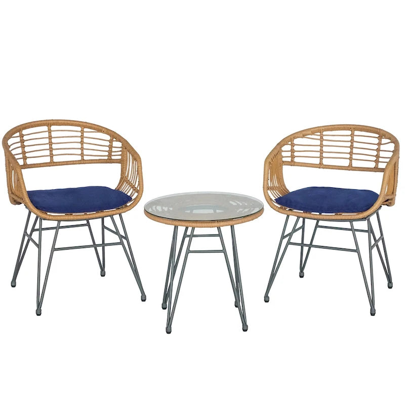 3 piece Outdoor patio Bistro SetPatio Chairs and Glass Top Table Set with CushionsRattan Conversation Set