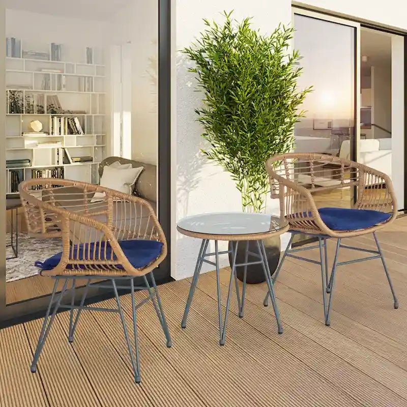 3 piece Outdoor patio Bistro SetPatio Chairs and Glass Top Table Set with CushionsRattan Conversation Set