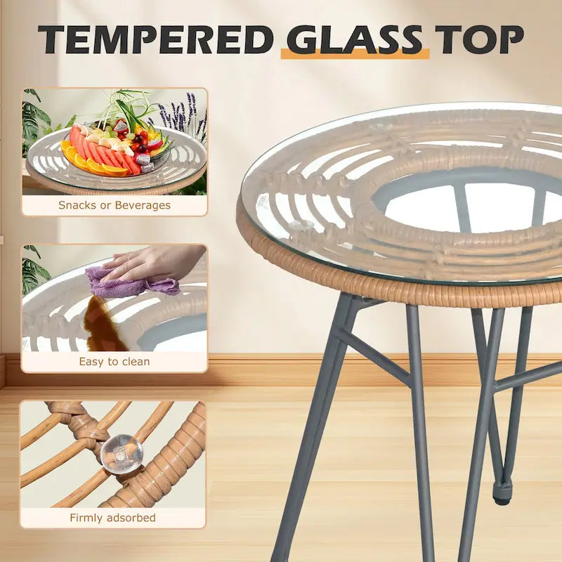 3 piece Outdoor patio Bistro SetPatio Chairs and Glass Top Table Set with CushionsRattan Conversation Set