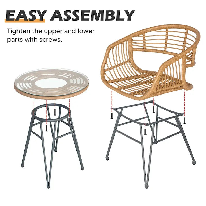 3 piece Outdoor patio Bistro SetPatio Chairs and Glass Top Table Set with CushionsRattan Conversation Set