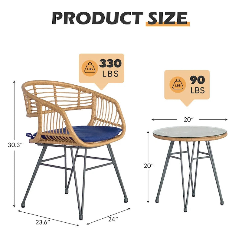 3 piece Outdoor patio Bistro SetPatio Chairs and Glass Top Table Set with CushionsRattan Conversation Set