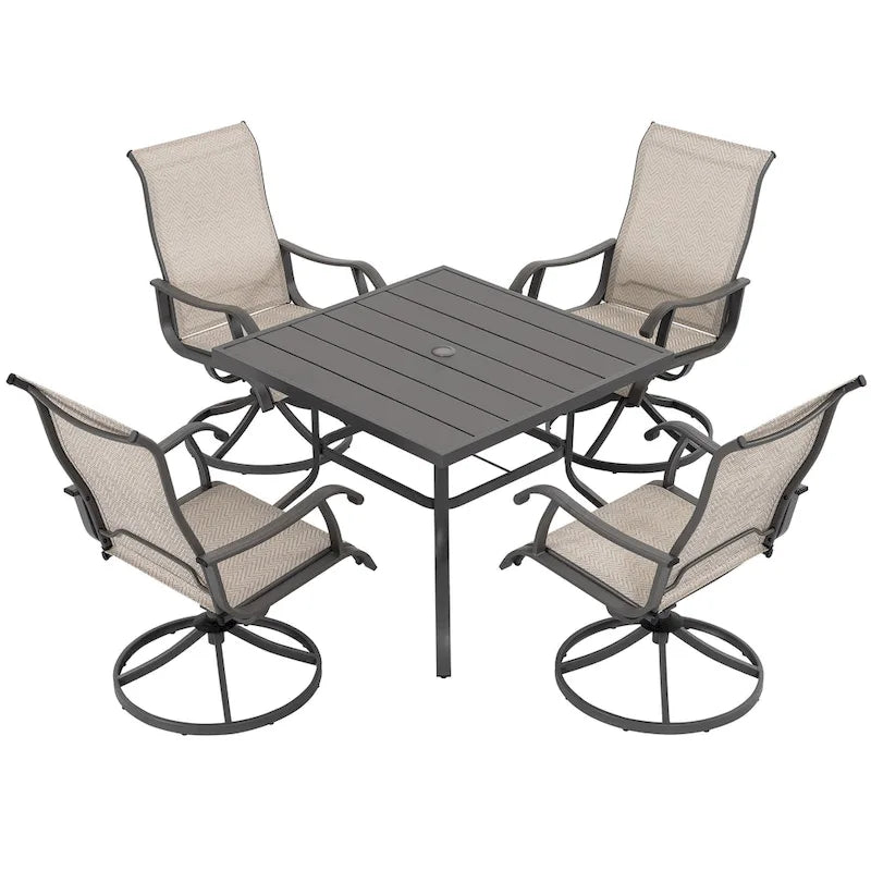 5-Piece Patio Swivel Textilene Metal Dining Set with Umbrella Hole