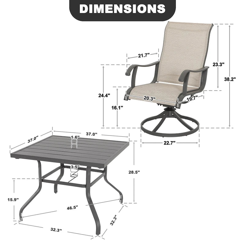 5-Piece Patio Swivel Textilene Metal Dining Set with Umbrella Hole