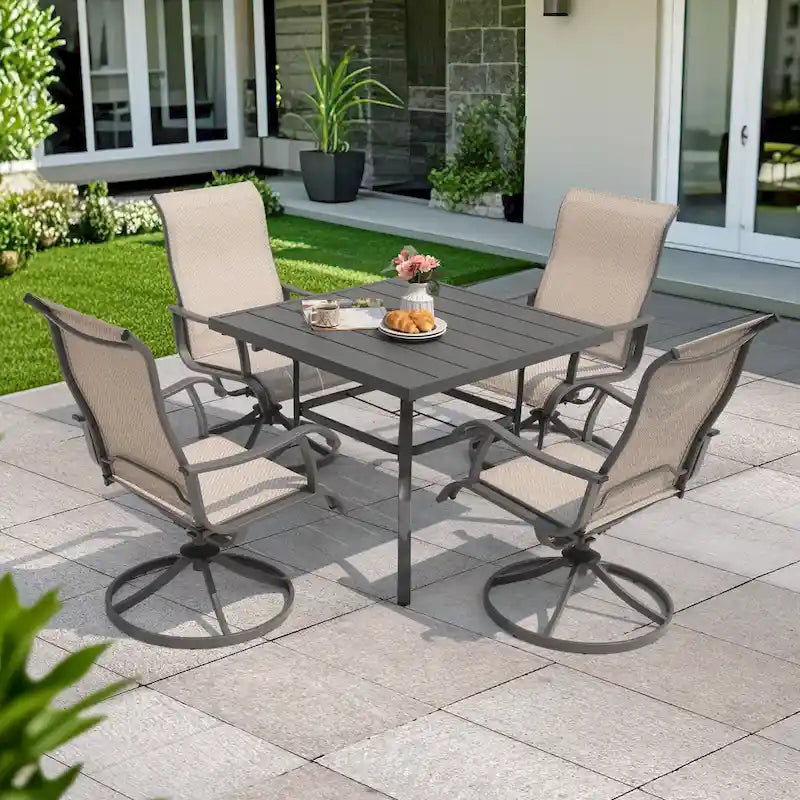 5-Piece Patio Swivel Textilene Metal Dining Set with Umbrella Hole