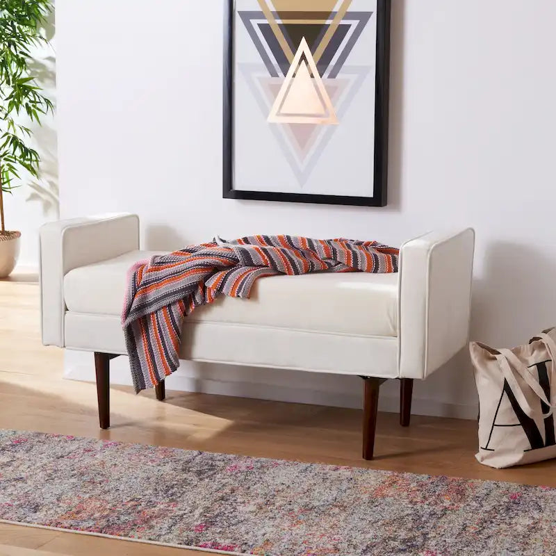 49" Mid-Century Upholstered Bench with Armrests - Cream, Light Brown, Navy for 2