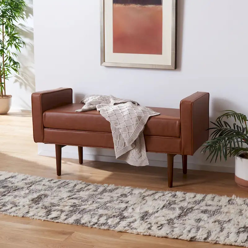 49" Mid-Century Upholstered Bench with Armrests - Cream, Light Brown, Navy for 2