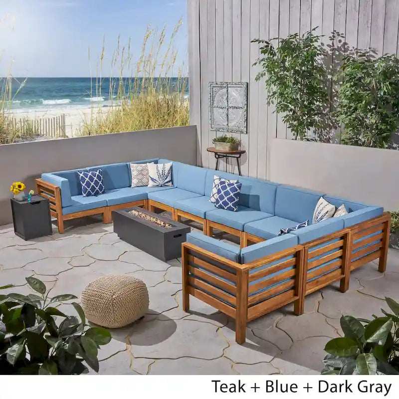 Malawi Outdoor 12-Piece U-Shaped Acacia Wood Sectional Sofa Set with Fire Pit by Christopher Knight Home