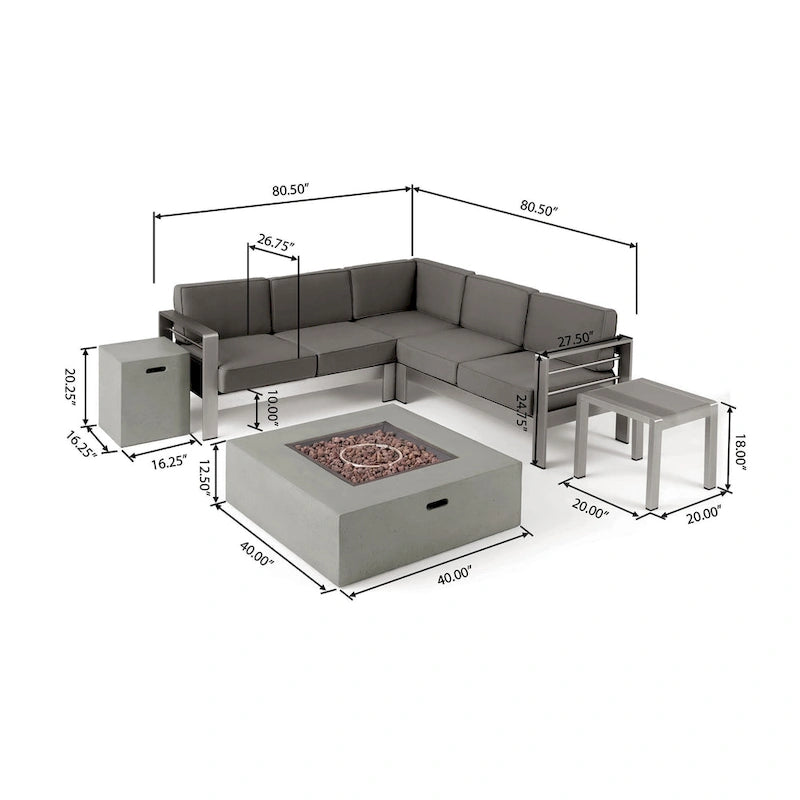 Cape Coral Outdoor 5 Seater Aluminum Chat Set with Fire Pit by Christopher Knight Home
