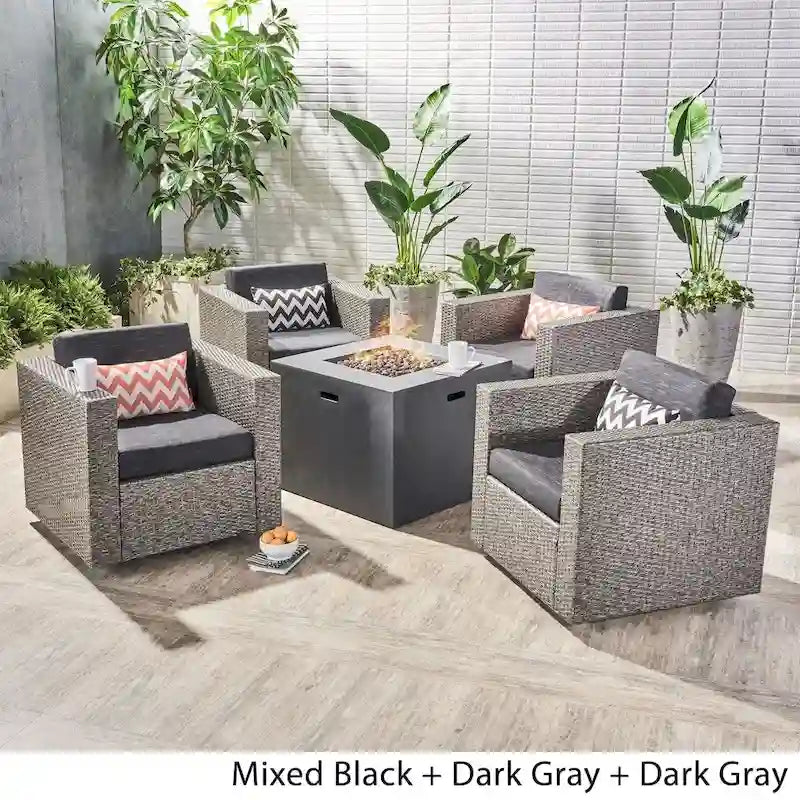 Hudson Outdoor 4 Piece Swivel Club Chair Set with Square Fire Pit by Christopher Knight Home