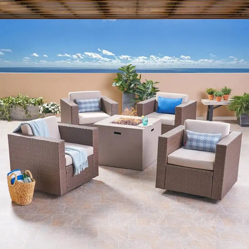 Hudson Outdoor 4 Piece Swivel Club Chair Set with Square Fire Pit by Christopher Knight Home