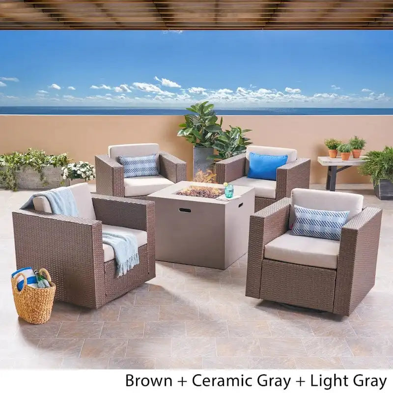 Hudson Outdoor 4 Piece Swivel Club Chair Set with Square Fire Pit by Christopher Knight Home