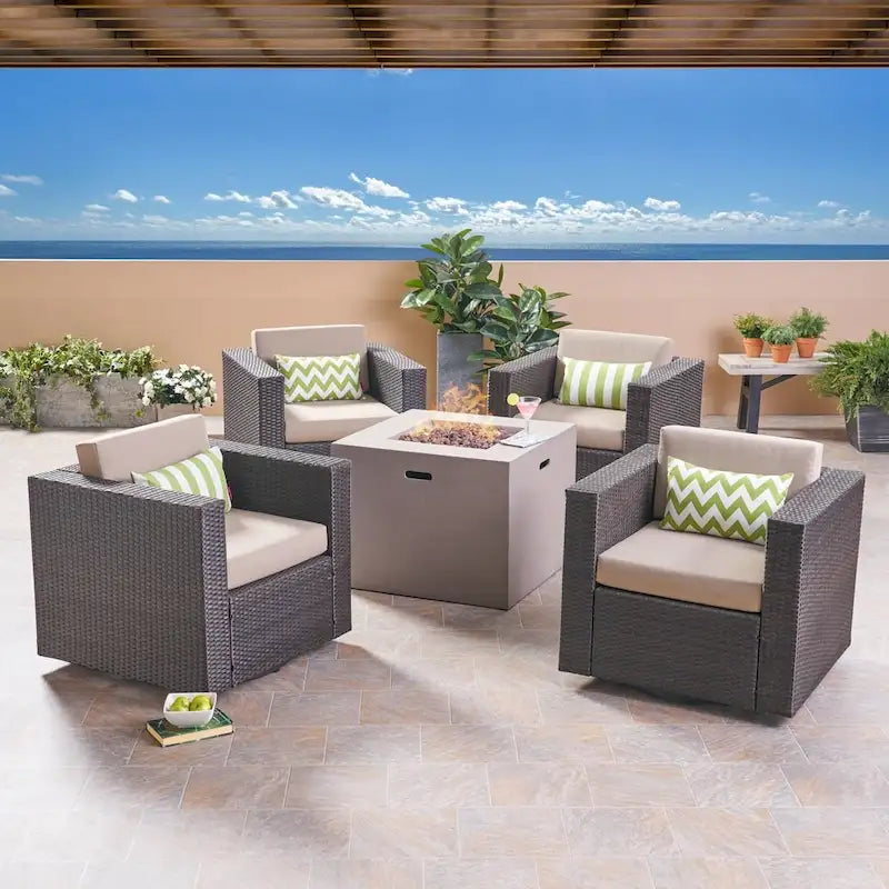 Hudson Outdoor 4 Piece Swivel Club Chair Set with Square Fire Pit by Christopher Knight Home