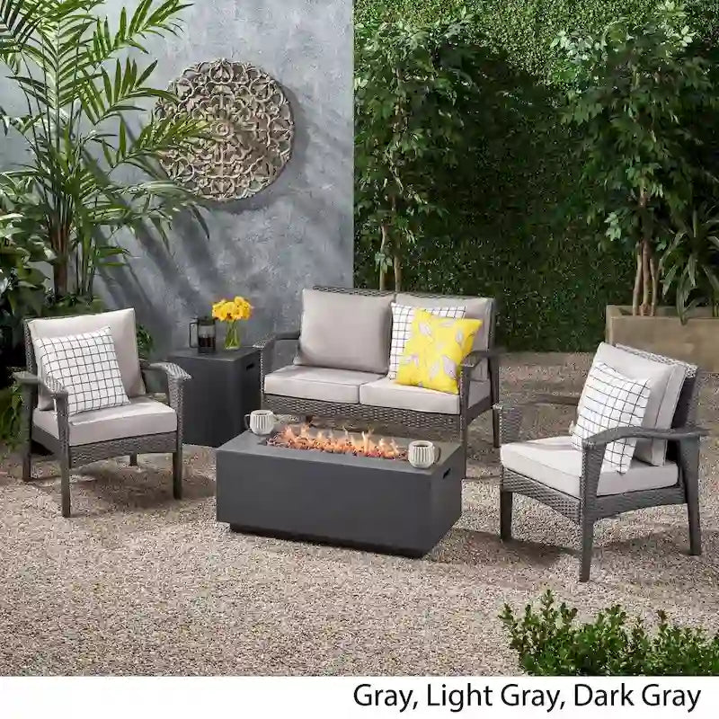 Kalo Outdoor 4 Seater Wicker Chat Set with Fire Pit by Christopher Knight Home