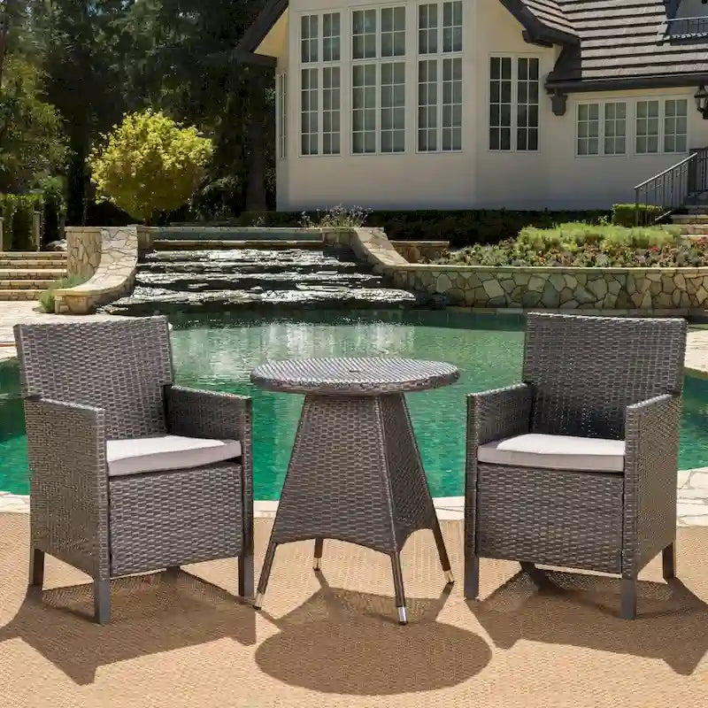 Cypress Outdoor 3-Piece Round Wicker Bistro Chat Set with Umbrella Hole & Cushions by Christopher Knight Home