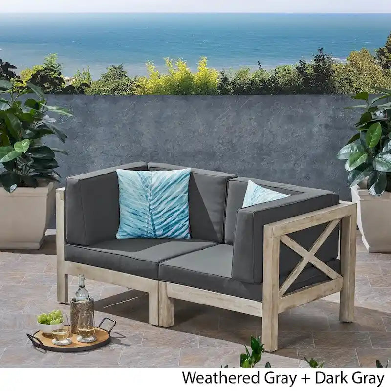 Brava Outdoor 2-Seater Sectional Acacia Wood Loveseat Set With Water-Resistant Cushions by Christopher Knight Home