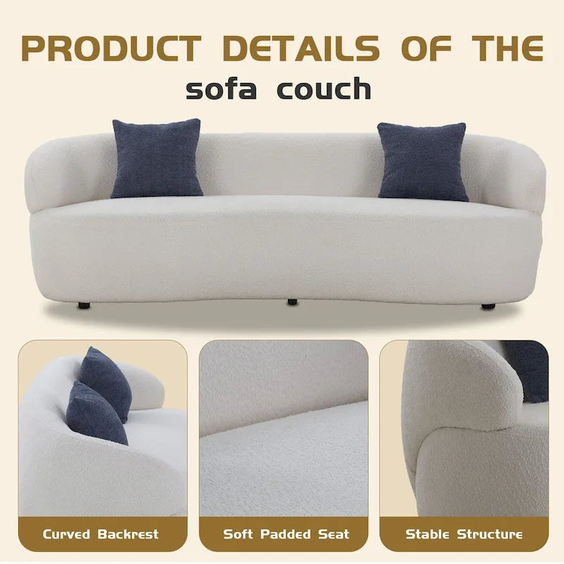 3-Seater Modern Curved Upholstered Sofa - Blue, Brown, Beige, Grey, Orange