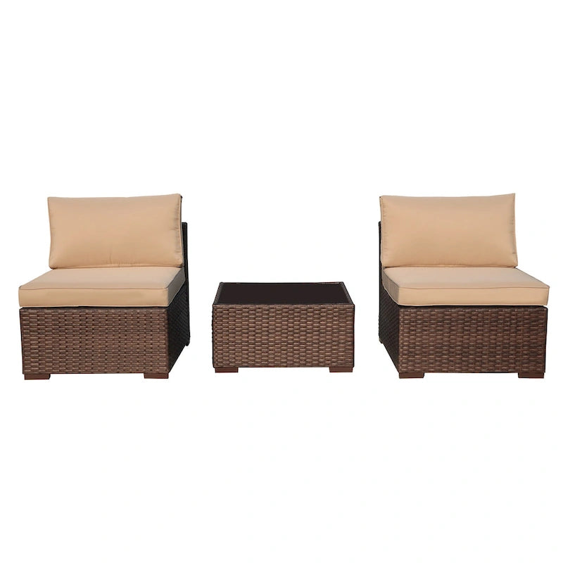 3-Piece Patio Modular Sofa Wicker Armless Chairs with Coffee Table