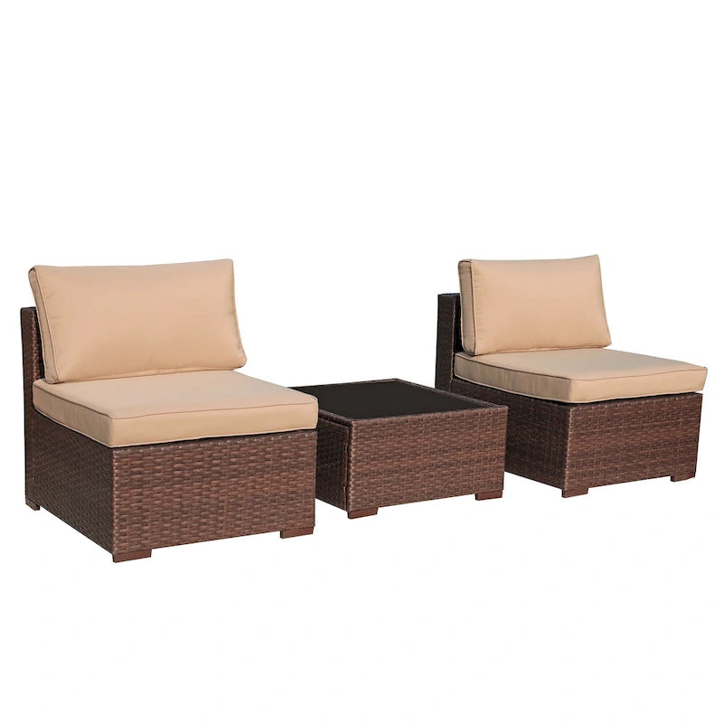 3-Piece Patio Modular Sofa Wicker Armless Chairs with Coffee Table