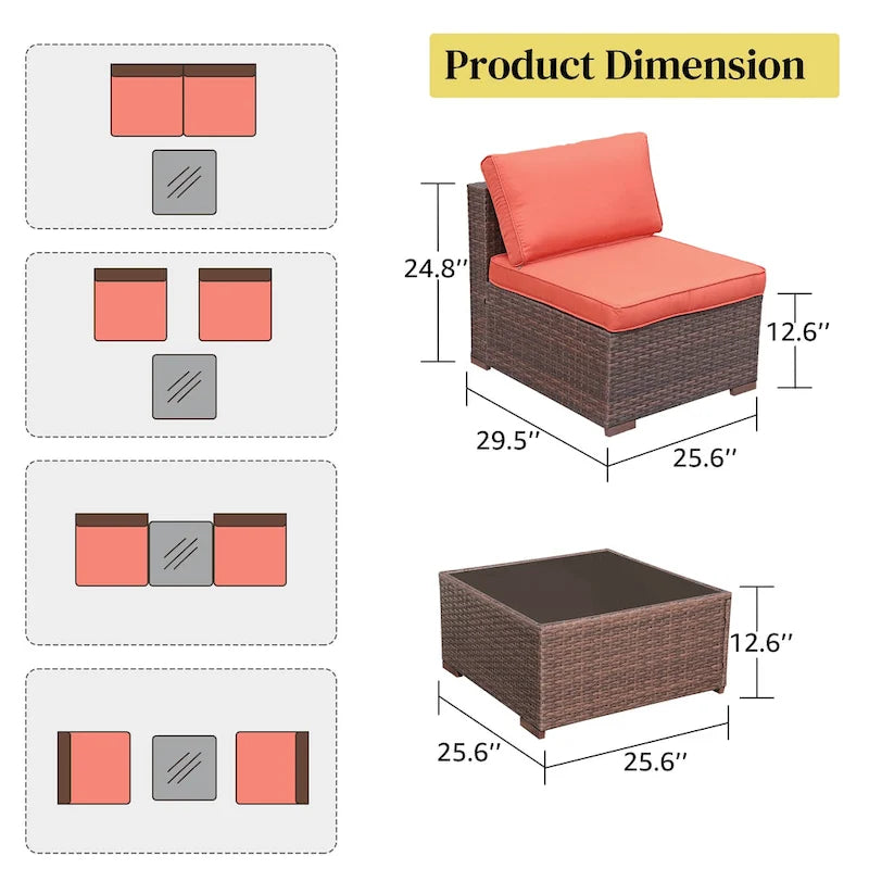 3-Piece Patio Modular Sofa Wicker Armless Chairs with Coffee Table