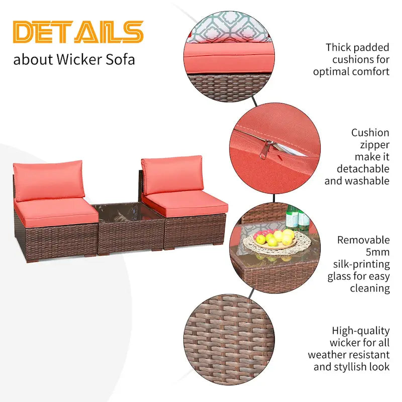3-Piece Patio Modular Sofa Wicker Armless Chairs with Coffee Table