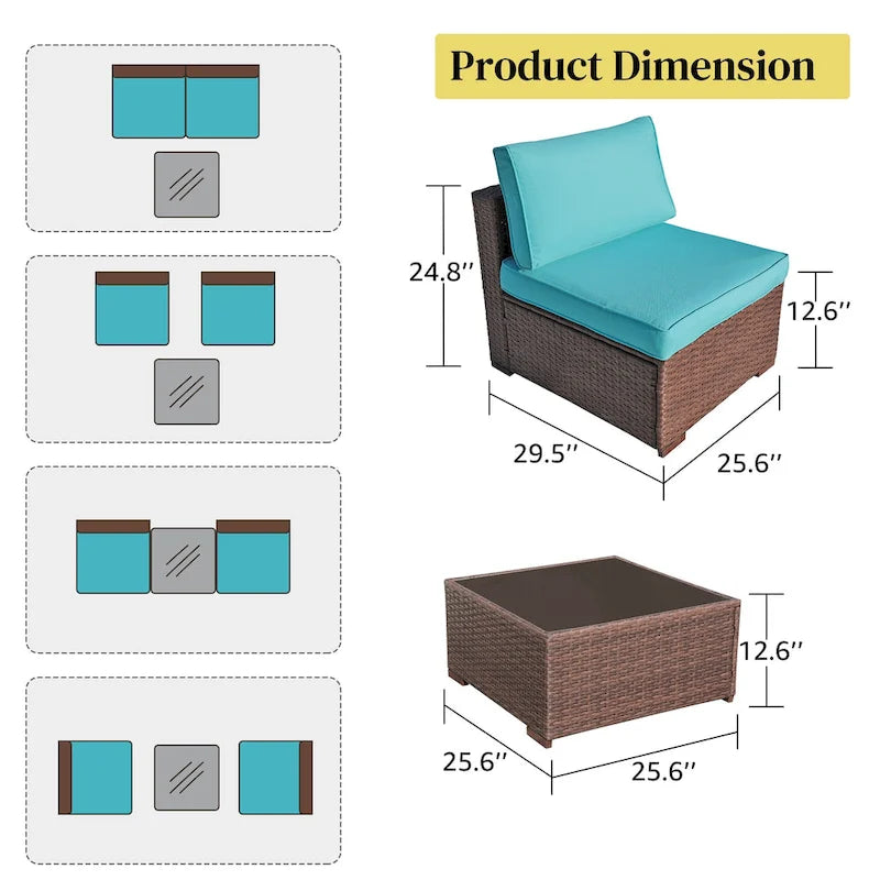 3-Piece Patio Modular Sofa Wicker Armless Chairs with Coffee Table