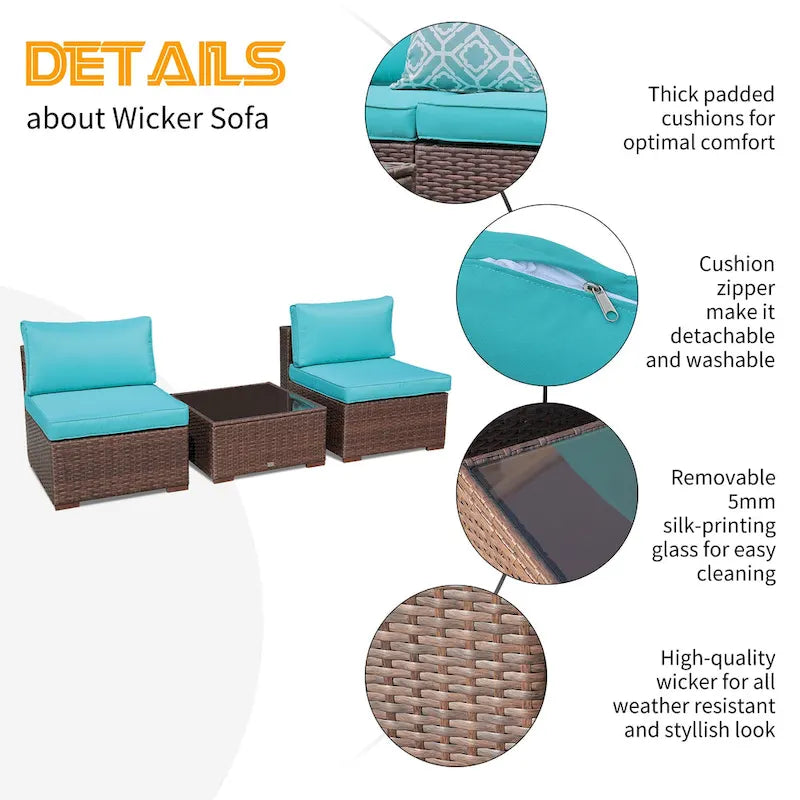 3-Piece Patio Modular Sofa Wicker Armless Chairs with Coffee Table