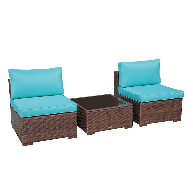 3-Piece Patio Modular Sofa Wicker Armless Chairs with Coffee Table