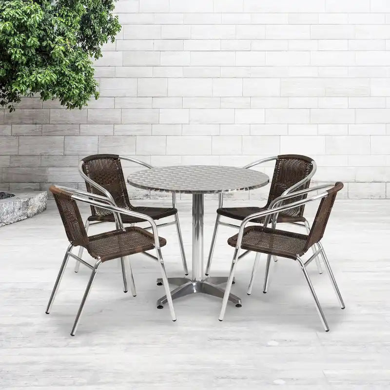 31.5  Round Aluminum Indoor-Outdoor Table Set with 4 Rattan Chairs