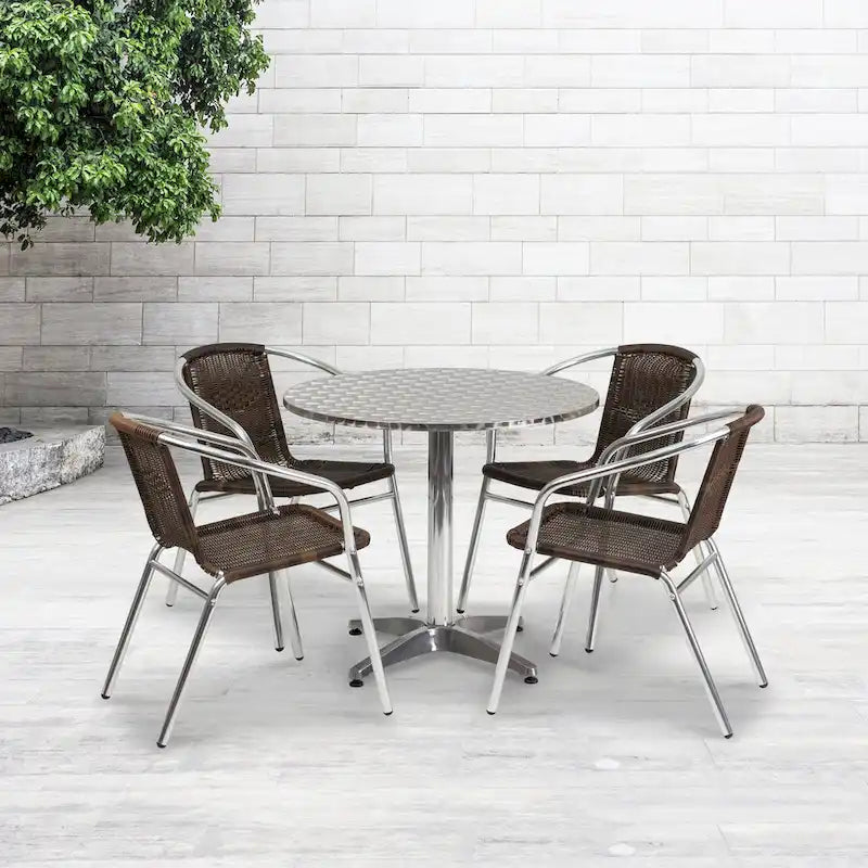 31.5  Round Aluminum Indoor-Outdoor Table Set with 4 Rattan Chairs