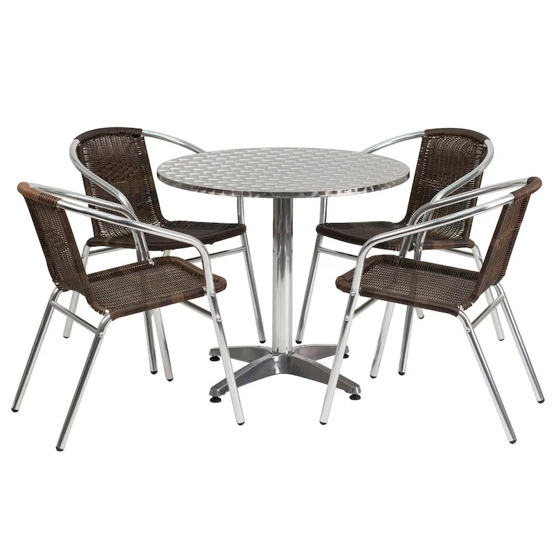 31.5  Round Aluminum Indoor-Outdoor Table Set with 4 Rattan Chairs