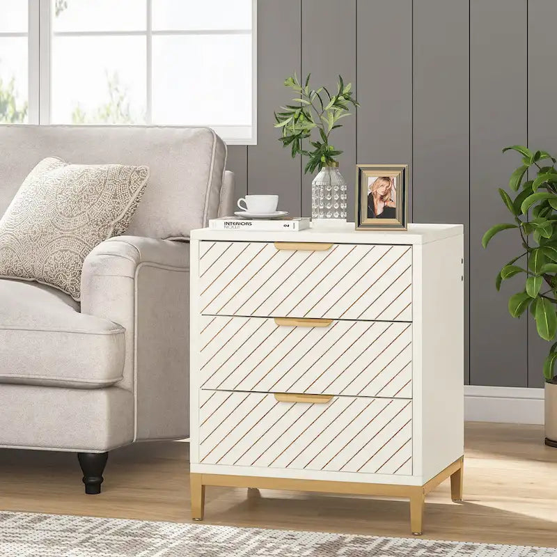 3-Drawer Nightstand with Gold Handles - Light Brown, Brown+Black, White+Gold