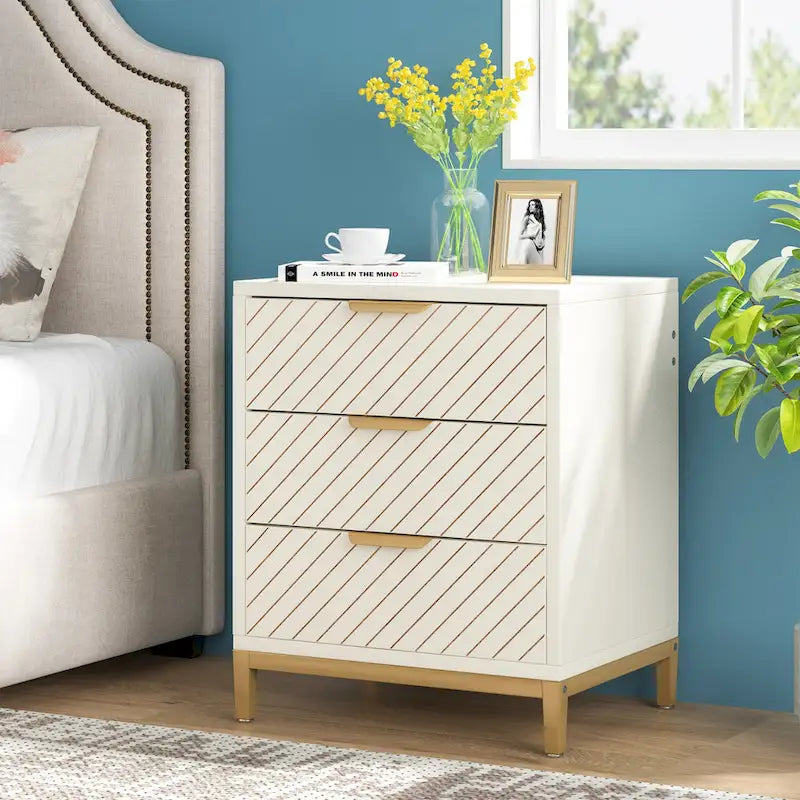 3-Drawer Nightstand with Gold Handles - Light Brown, Brown+Black, White+Gold