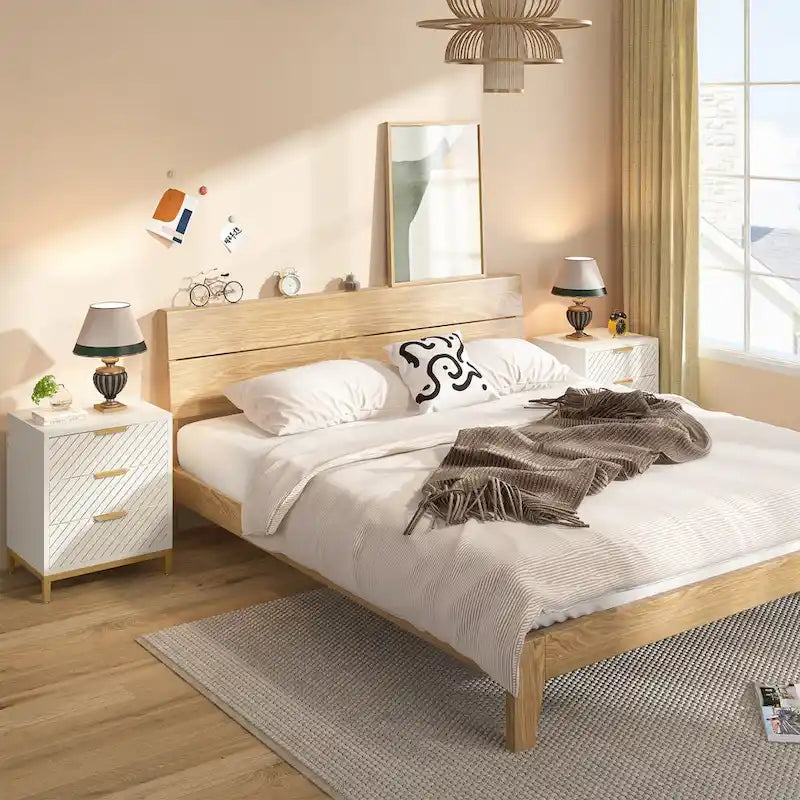 3-Drawer Nightstand with Gold Handles - Light Brown, Brown+Black, White+Gold