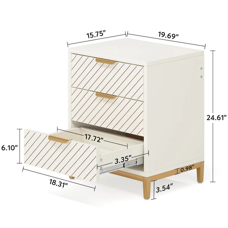 3-Drawer Nightstand with Gold Handles - Light Brown, Brown+Black, White+Gold