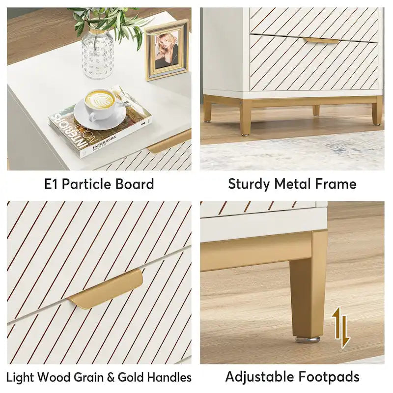 3-Drawer Nightstand with Gold Handles - Light Brown, Brown+Black, White+Gold