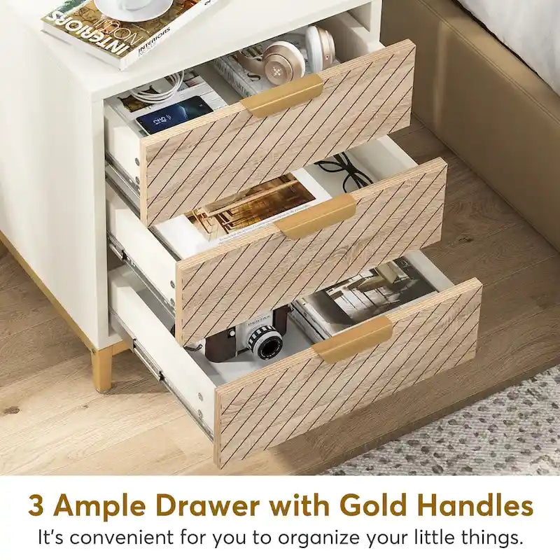 3-Drawer Nightstand with Gold Handles - Light Brown, Brown+Black, White+Gold