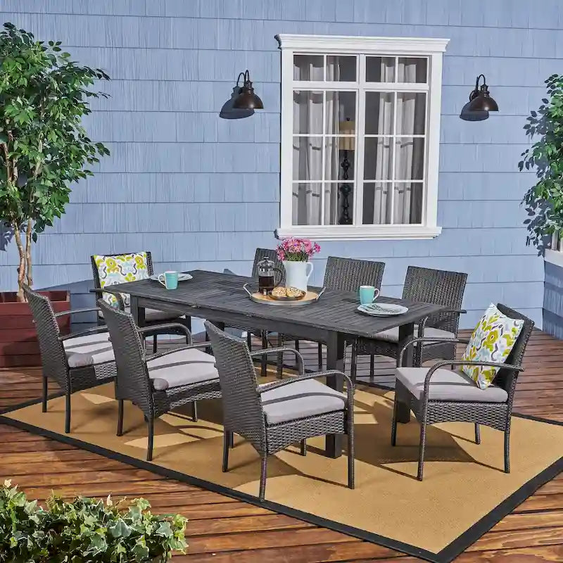 Elmar 9 Piece Outdoor Wood/Wicker Extending Dining Set by Christopher Knight Home